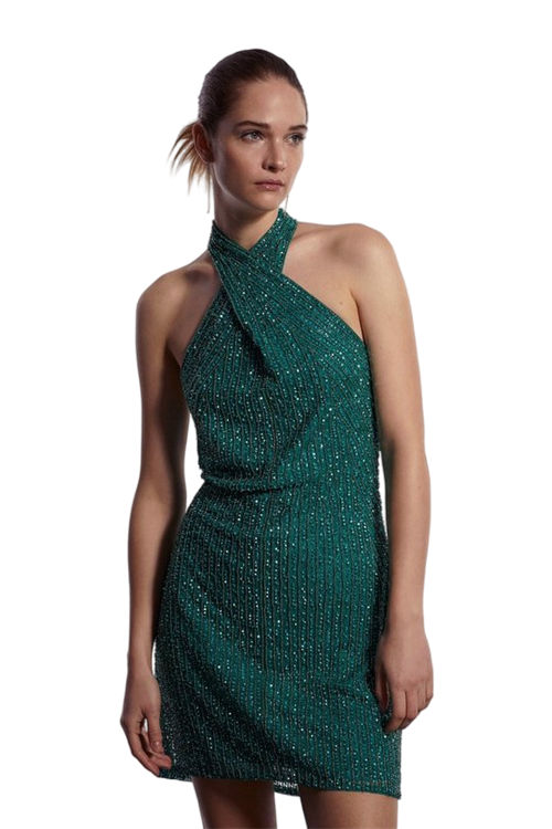 Jacques Vert Green Premium Linear Sequin Cross Neck Mini Dress BCC03379