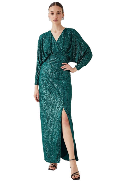 Jacques Vert Green Sequin Cross Front Maxi Dress BCC04065