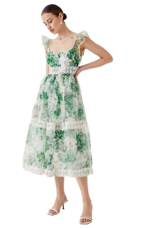 Jacques Vert Green Square Neck Organza Midi Dress With Lace Trims BCC04986