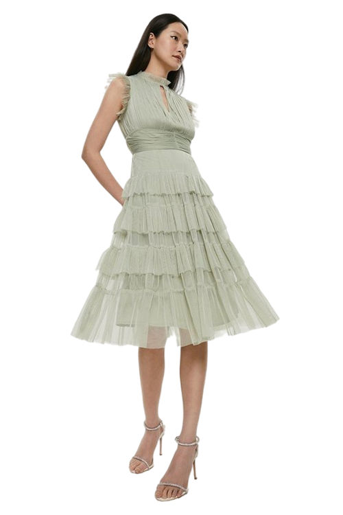 Jacques Vert Green Tulle Tiered Frill Sleeve Dress ACC95332