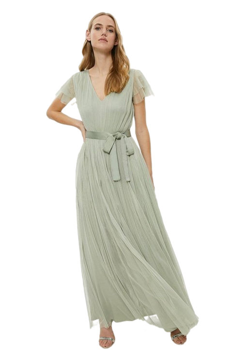 Jacques Vert Green Tulle V-Neck Tie Belt Bridesmaid Maxi Dress ACC95330