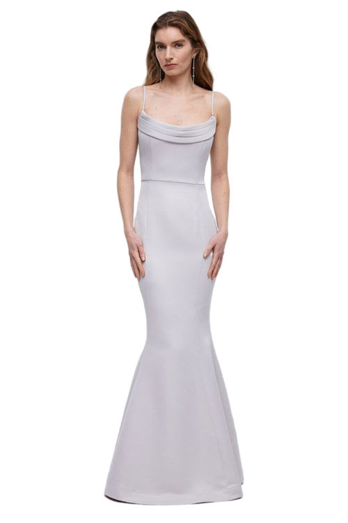 Jacques Vert Grey Mist Structured Satin Cowl Neck Bridesmaid Fishtail Maxi BCC04780