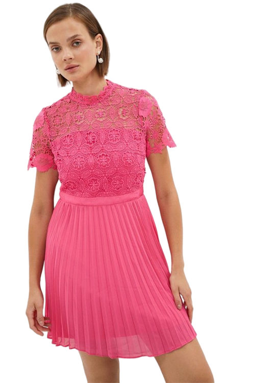 Jacques Vert Hot Pink Corded Lace Top Pleated Full Skirt Mini Dress BCC03147