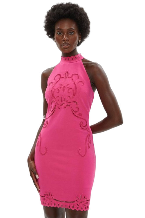 Jacques Vert Hot Pink Cutwork Halter Neck Dress BCC02920