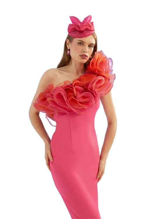 Jacques Vert Hot Pink Lisa Tan Organza Oversized Ruffle Pencil Dress BCC05541