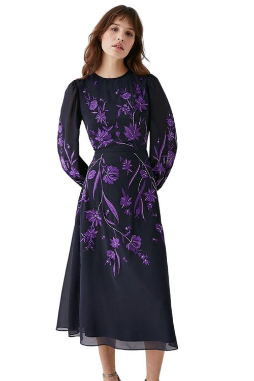 Jacques Vert Ink Trailing Dahlia Floral Embroidered Midi Dress BCC03951