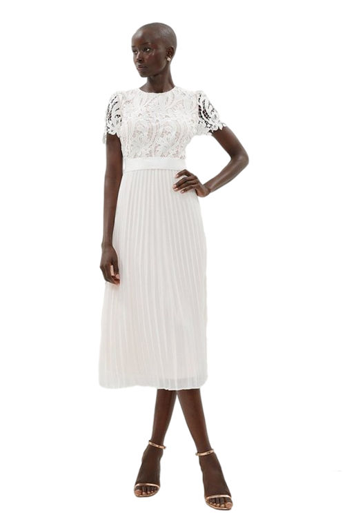 Jacques Vert Ivory Belted Lace Bodice Pleat Skirt Midi Dress ACC03455