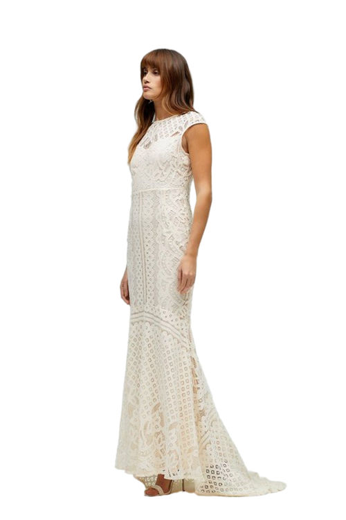 Jacques Vert Ivory Cap Sleeve Lace Fishtail Hem Maxi Dress BCC03837