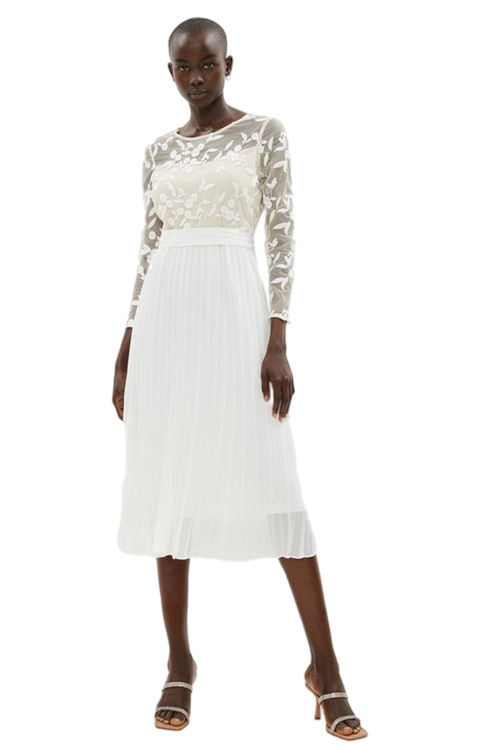 Jacques Vert Ivory Contrast Embroidered Long Sleeve Midi Dress BCC02837