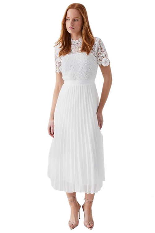 Jacques Vert Ivory Corded Lace Top Pleated Full Skirt Midi Dress BCC03042