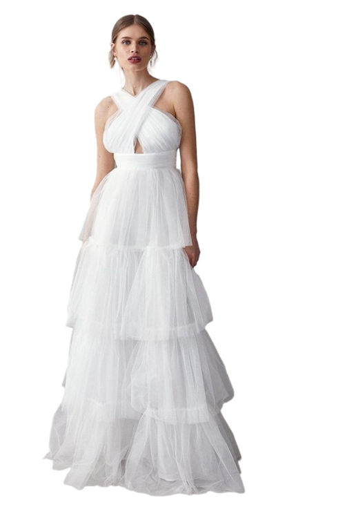 Jacques Vert Ivory Cross Neck Tiered Tulle Maxi Dress BCC04447