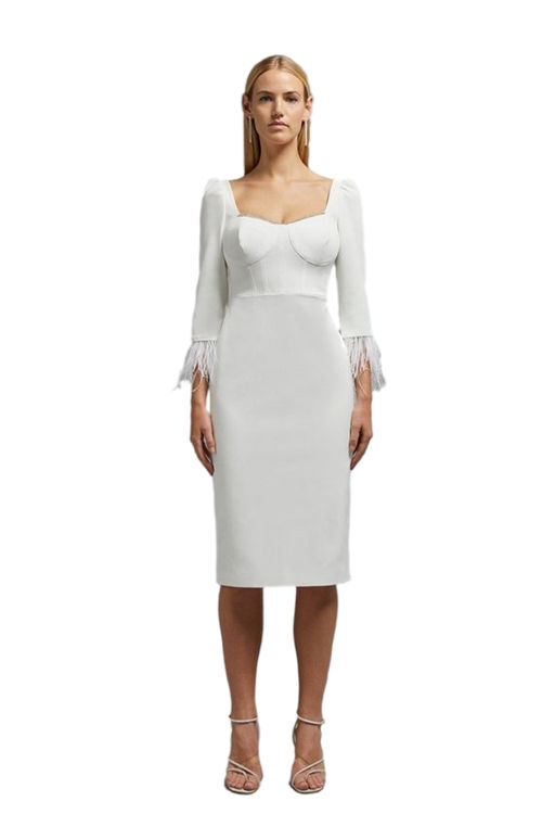 Jacques Vert Ivory Diamante Trim Feather Cuff Midi Dress BCC02911