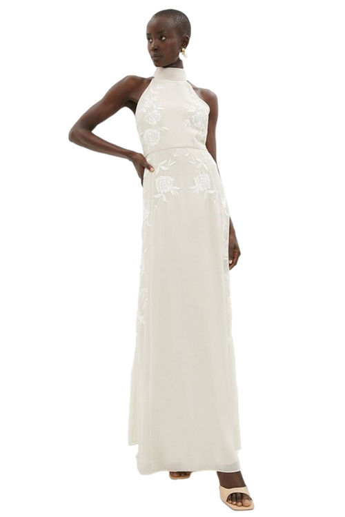 Jacques Vert Ivory Embroidered Halter Neck Maxi Dress BCC02907