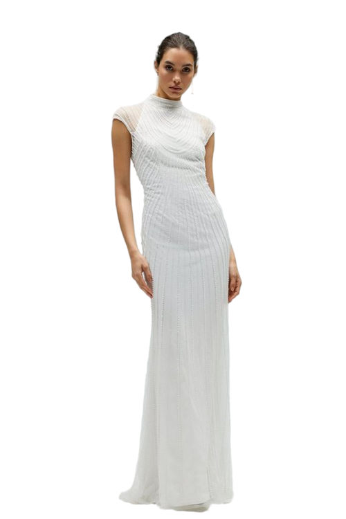 Jacques Vert Ivory Linear Beadwork High Neck Puddle Hem Dress BCC04356