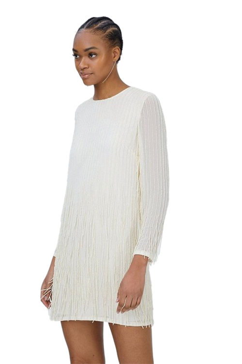 Jacques Vert Ivory Long Sleeve Embellished Fringe Detail Mini Dress BCC03468