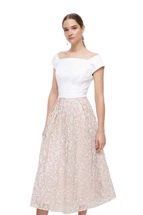 Jacques Vert Ivory Midi Dress With Embroidered Ribbon Skirt​ BCC03430