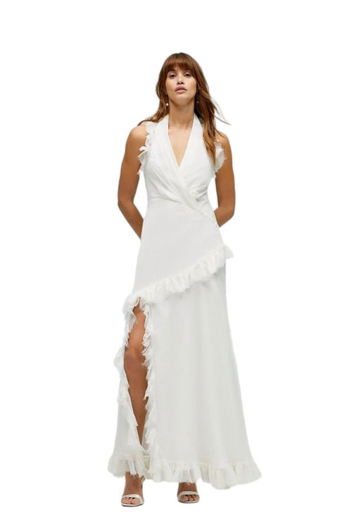 Jacques Vert Ivory Plunge Neck Ruffle Detail Maxi Dress BCC02593