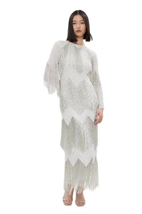 Jacques Vert Ivory Premium Fringe Embellished Maxi Dress BCC03788