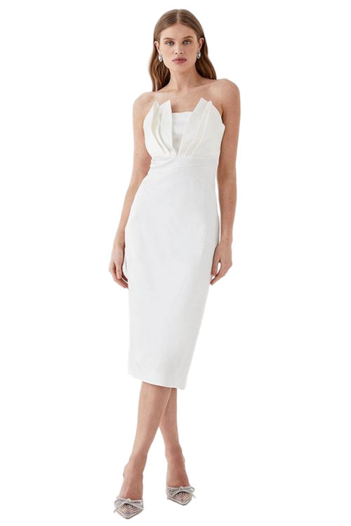 Jacques Vert Ivory Premium Italian Satin Bandeau Pleat Front Midi Dress BCC04928