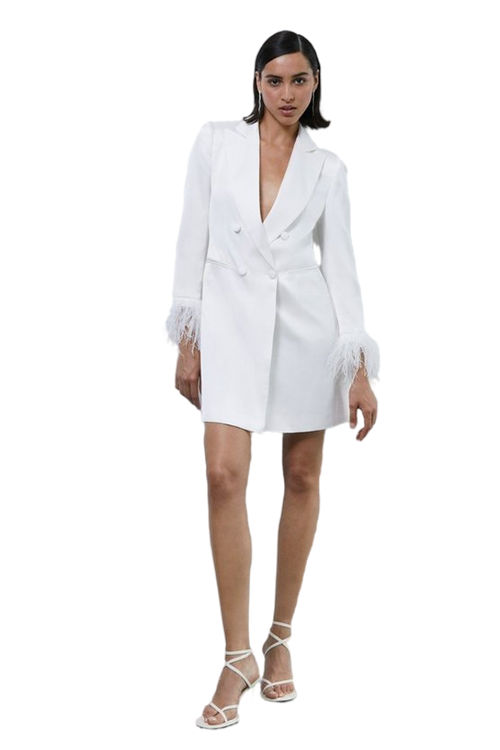 Jacques Vert Ivory Premium Satin Feather Hem Blazer Dress BCC01748