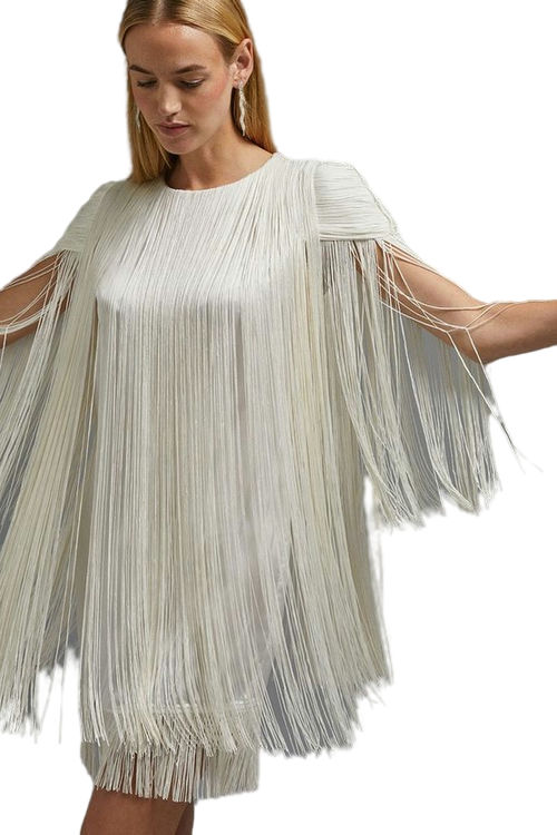 Jacques Vert Ivory Premium Statement Fringe Detail Mini Dress BCC02212