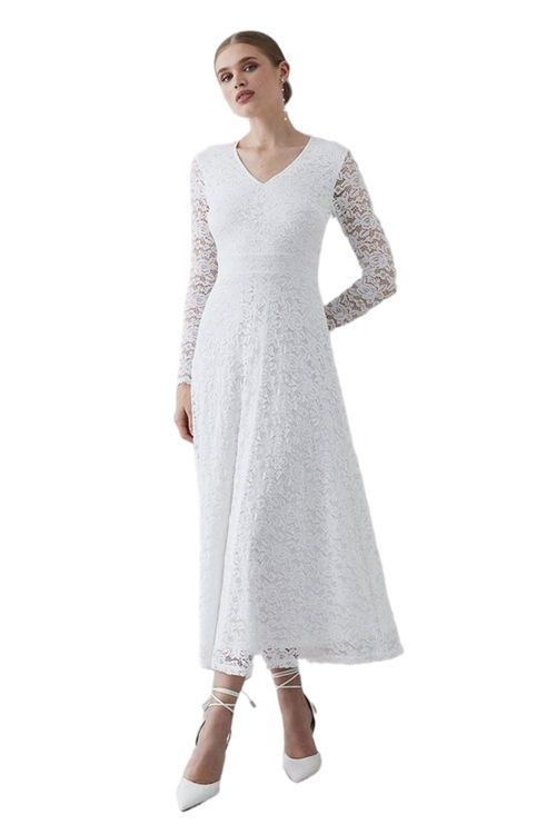 Jacques Vert Ivory Rose Stretch Lace V Neck Midi Dress BCC05561