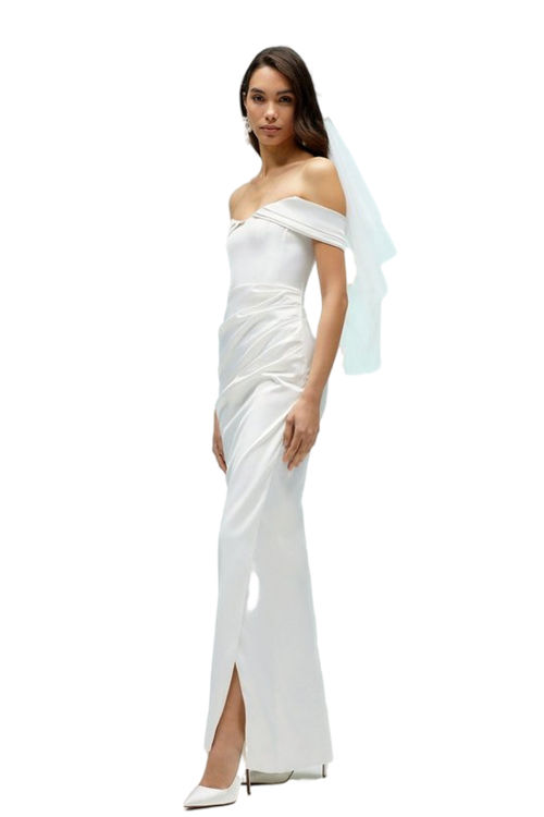 Jacques Vert Ivory Structured Satin Bardot Wrap Maxi BCC04459