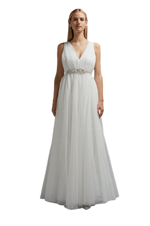 Jacques Vert Ivory V Neck Embellished Belt Tulle Maxi Dress BCC02908