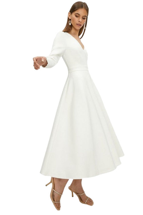 Jacques Vert Ivory V Neck Full Skirt Midi Dress BCC01483