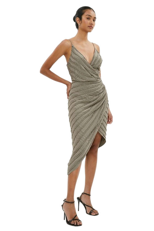 Jacques Vert Khaki Premium Drape Wrap Embellished Cami Dress BCC02229