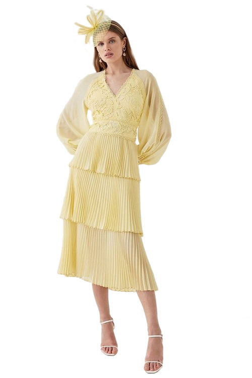 Jacques Vert Lemon Georgette Lace Tiered Midi Dress With Blouson Sleeve BCC04988