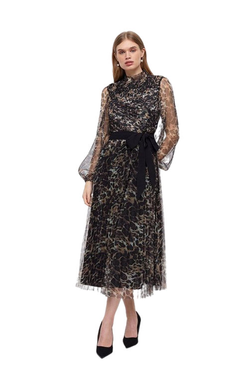 Jacques Vert Leopard Longsleeve High Neck Pleated Mesh Midi Dress BCC04678