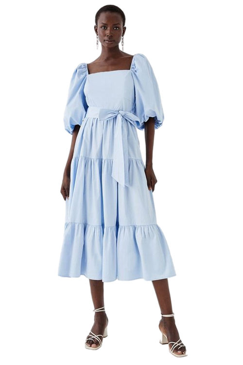 Jacques Vert Light Blue Puff Sleeve Belted Cotton Tiered Midi Dress BCC05171