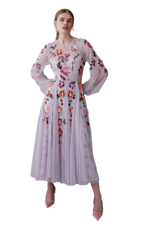 Jacques Vert Lilac Balloon Sleeve Open Back Floral Embellished Midi Dress BCC02588