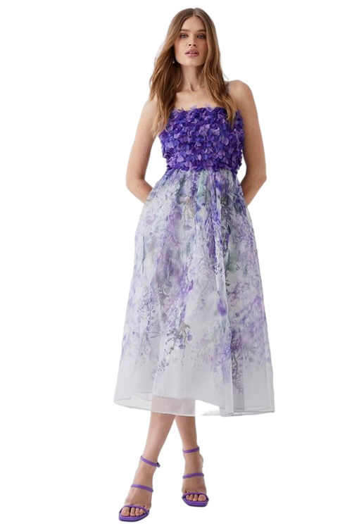 Jacques Vert Lilac Hand Stitched 3d Floral Bodice Full Skirt Midi Dress BCC04571