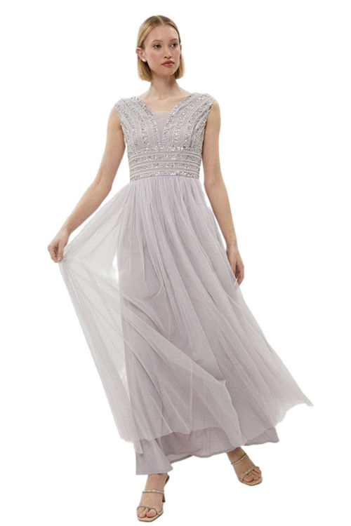 Jacques Vert Lilac Linear Embellished Bardot Tulle Maxi Dress​ BCC01364