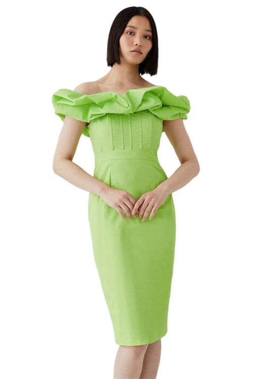 Jacques Vert Lime Corset Detail Volume Bardot Midi Dress BCC05362