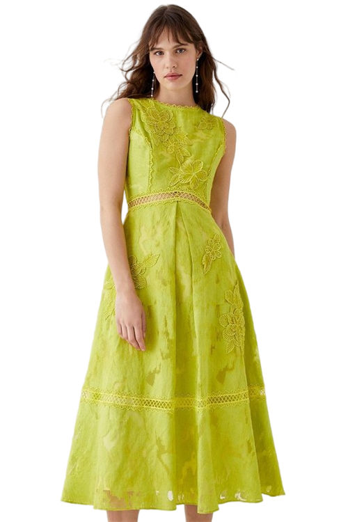 Jacques Vert Lime Premium Jacquard Midi Dress With Floral Applique BCC04717