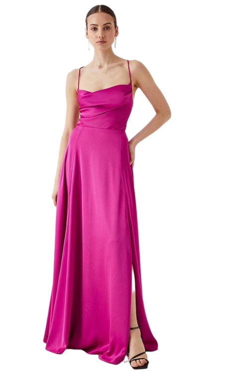 Jacques Vert Magenta Cowl Neck Satin Maxi Prom Dress With Strappy Back BCC05112