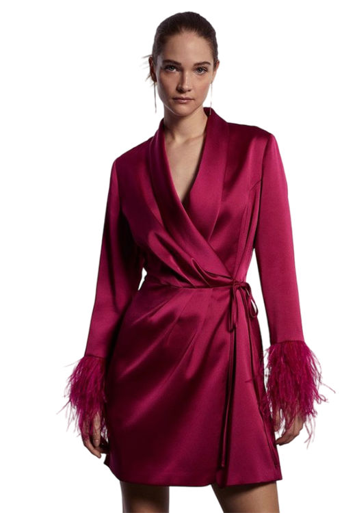 Jacques Vert Magenta Drape Front Feather Cuff Mini Dress BCC03667