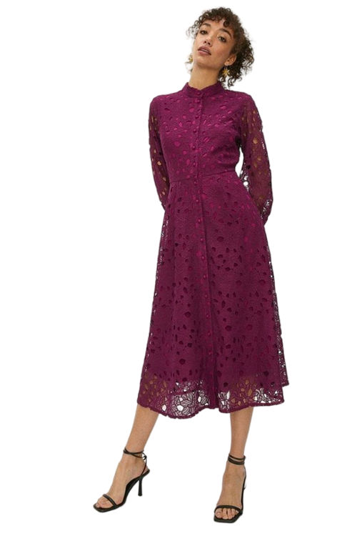 Jacques Vert Magenta Lace Long Sleeve Midi Shirt Dress ACC02528