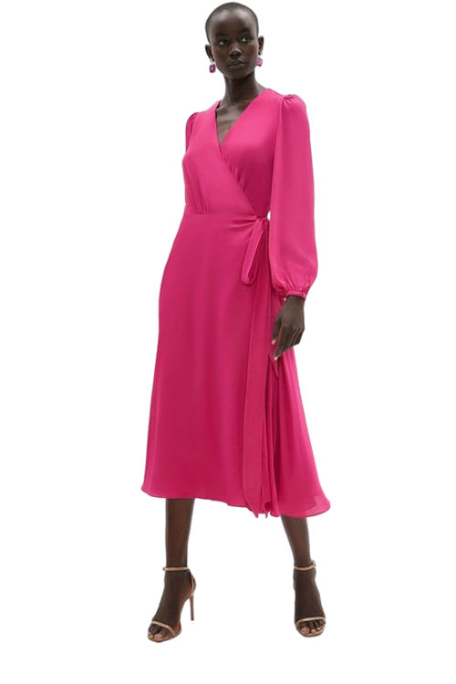 Jacques Vert Magenta Pink Blouson Sleeve Hem Sweep Wrap Dress BCC03658