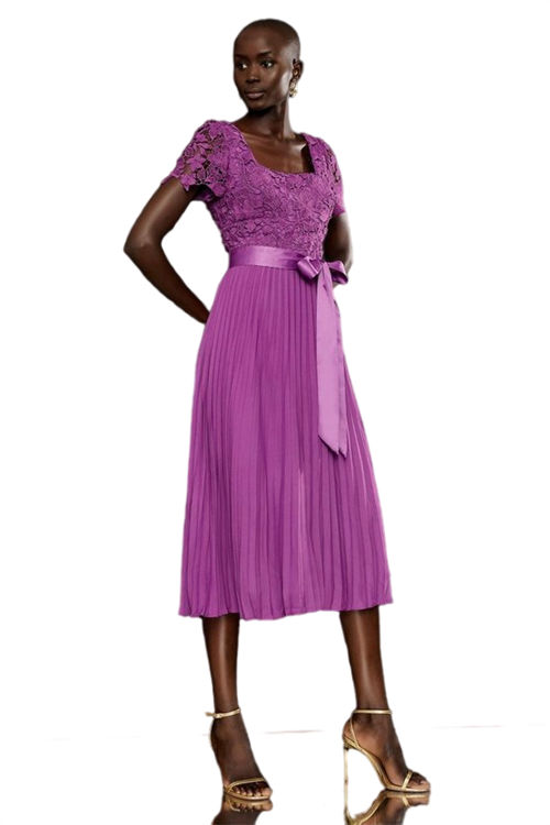 Jacques Vert Magenta Square Neck Lace Bodice Pleat Skirt BCC02825