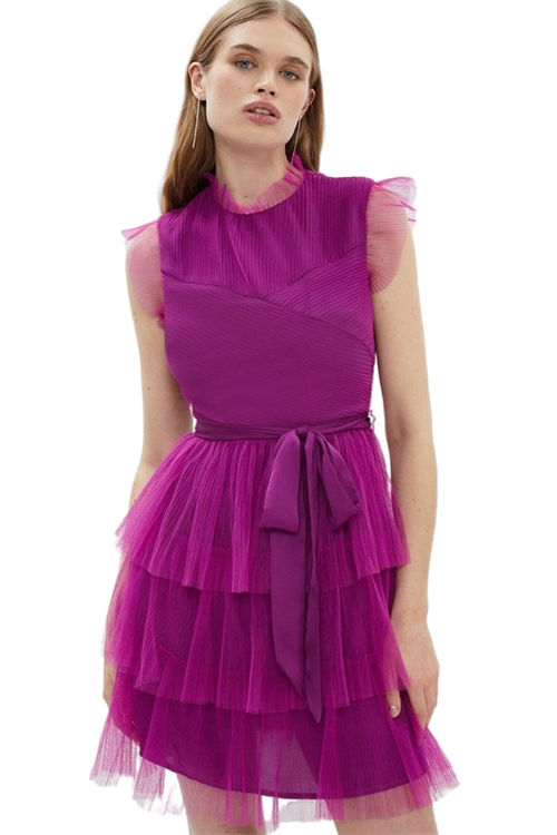 Jacques Vert Magenta Tiered Mesh Belted Mini Dress BCC03803