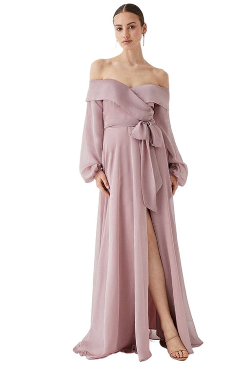 Jacques Vert Mauve Bardot Wrap Fluid Skirt Maxi Dress BCC05016