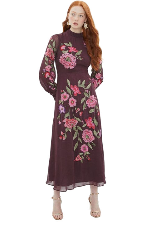 Jacques Vert Merlot Alexandra Gallagher Floral Embroidered Midi Dress BCC02861