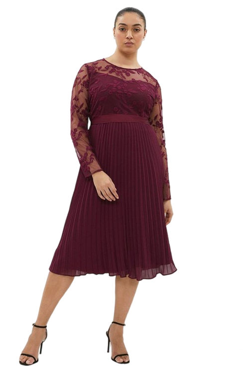 Jacques Vert Merlot Plus Size Embroidered Long Sleeve Midi Dress ACC03408