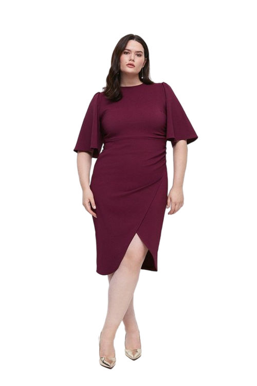 Jacques Vert Merlot Plus Size Flare Sleeve Crepe Wrap Pencil Dress BCC04049