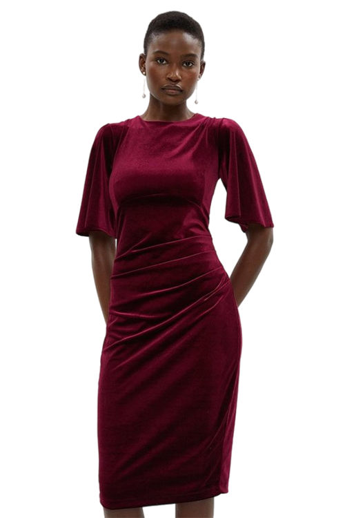 Jacques Vert Merlot Velvet Flare Sleeve Figure Sculpting Dress BCC03429