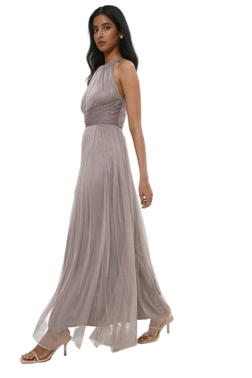 Jacques Vert Mink Panelled Ruched Halter Tulle Maxi Dress BCC01367